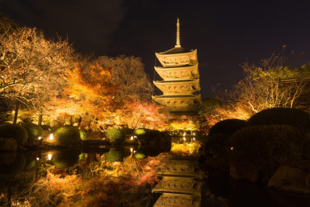 水面に美しく映り込んだ東寺、五重塔と紅葉