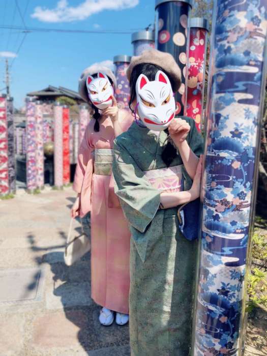 桜餅カラーのアンティーク着物双子コーデ